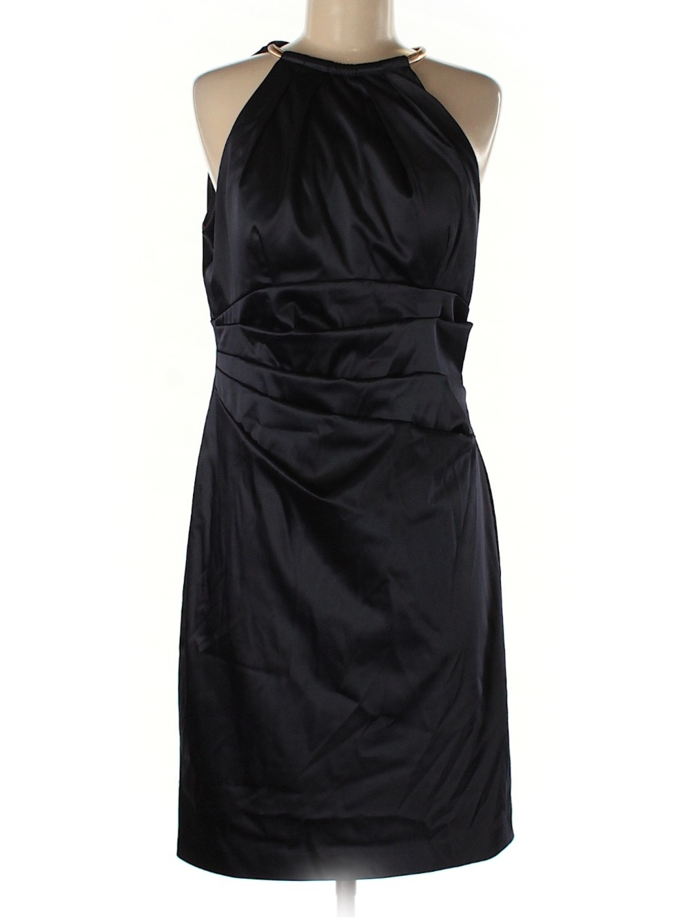 Satin Halter Cocktail Party Dress Gold Hardware Ruched Waist Size L Navy